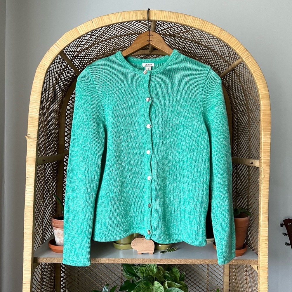 LL Bean Green Knit Button Front Cardigan/Sweater 100% cotton